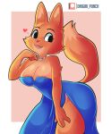  &lt;3 4_fingers absurd_res anthro areola bent_over big_breasts blue_clothing blue_dress breasts canid canine clothed clothing diane_foxington digital_media_(artwork) dreamworks dress eyebrow_piercing eyelashes facial_piercing female fingers fox fur hi_res jewelry mammal necklace onigiri_punch open_mouth orange_body orange_fur patreon piercing simple_background smile solo tail teeth the_bad_guys tongue 
