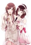  2girls arm_around_shoulder bare_shoulders blunt_bangs blush breasts brown_eyes brown_hair choker cleavage collarbone dress flower frilled_dress frilled_sleeves frills gradient_dress gradient_hair grin hair_flower hair_ornament hair_ribbon hairband half-closed_eyes hand_on_another&#039;s_shoulder highres holding holding_microphone idol_clothes idolmaster idolmaster_shiny_colors kuroki_honoka kusaka_io laurel_crown long_hair long_sleeves looking_at_viewer medium_breasts microphone multicolored_hair multiple_girls one_eye_closed open_mouth osaki_amana pink_dress real_life red_hair ribbon short_hair simple_background smile striped striped_dress swept_bangs teeth vertical-striped_dress vertical_stripes white_background white_choker white_dress wrist_cuffs yellow_eyes 