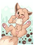  absurd_res anus brown_body butt canid canine coille digital_media_(artwork) eevee female feral fur generation_1_pokemon genitals hi_res looking_at_viewer mammal nintendo nude open_mouth pokemon pokemon_(species) pussy simple_background smile solo tongue 