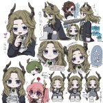  1girl 3boys :d :o ? arrow_(symbol) ascot black_coat blonde_hair blue_eyes boots brown_hair brown_horns chibi closed_eyes closed_mouth coat commentary_request crossed_legs demon_boy demon_girl demon_horns draht_(sousou_no_frieren) empty_eyes expressions granat_(sousou_no_frieren) green_hair hair_between_eyes hair_over_one_eye hair_ribbon hand_to_own_mouth heart highres horns knee_boots linie_(sousou_no_frieren) long_hair long_sleeves looking_at_another looking_at_viewer looking_to_the_side lugner_(sousou_no_frieren) male_focus mob_kangaroo_chuui multiple_boys multiple_views neck_ribbon on_one_knee open_mouth parted_bangs pink_hair purple_eyes ribbon screaming shirt short_hair smile sousou_no_frieren sparkle speech_bubble standing sword_to_throat translation_request twintails upper_body white_ascot white_background white_footwear white_shirt 