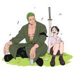  1boy 1girl age_difference black_hair closed_mouth crossed_legs earrings full_body green_hair highres japanese_clothes jewelry katana kuina mush820823 one_eye_closed one_piece open_clothes open_mouth open_shirt petals roronoa_zoro scar scar_across_eye scar_on_chest short_hair short_sleeves sitting smile sword time_paradox weapon 