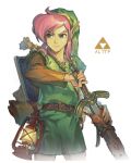  1boy 9twoeight absurdres belt blue_eyes closed_mouth highres holding holding_sheath holding_sword holding_weapon lantern link looking_at_viewer looking_away pink_hair pointy_ears sheath short_hair solo sword the_legend_of_zelda the_legend_of_zelda:_a_link_to_the_past triforce unsheathing weapon 