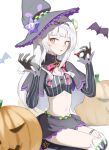  1girl bat_(animal) black_gloves blunt_bangs breasts cropped_shirt gloves grey_hair grey_shirt grey_skirt grey_thighhighs hair_bun hair_ornament hat head_chain highres hololive long_sleeves looking_at_viewer miniskirt murasaki_shion murasaki_shion_(1st_costume) navel purple_headwear shino2121 shirt sidelocks single_hair_bun skirt small_breasts star_(symbol) star_hair_ornament striped striped_shirt striped_thighhighs thigh_strap thighhighs vertical-striped_shirt vertical-striped_thighhighs vertical_stripes virtual_youtuber witch_hat yellow_eyes 