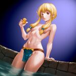  1girl blonde_hair breasts closed_mouth groin hair_over_breasts hand_up highres holding loincloth long_hair midriff minamoto80486 navel orange_eyes ribs rubber_duck short_hair_with_long_locks small_breasts smile solo standing thighs wading water wizardry 