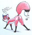  animal_genitalia butt canid canine dialogue dusk eyeshadow faux_pas female feral fox genitals makeup mammal presenting presenting_hindquarters purple_eyes reddragonkan solo traditional_media_(artwork) 