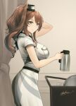  1girl belt blue_eyes blush breast_pocket breasts brown_hair closed_mouth coffee_pot cup dress from_side grey_eyes hair_between_eyes hair_ornament highres holding kantai_collection large_breasts long_hair odachu pocket saratoga_(kancolle) saratoga_mk_ii_(kancolle) short_sleeves side_ponytail sidelocks signature smile smokestack smokestack_hair_ornament white_dress 