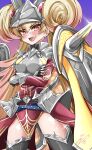  1girl absurdres armor blonde_hair breastplate centurion_primera crossed_arms double_bun dress duel_monster fang gradient_background hair_bun highres long_hair orange_eyes pauldrons red_dress shoulder_armor signature thighhighs thighs twintails ya-man yu-gi-oh! 