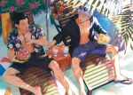  2boys abs black_eyes black_footwear black_hair black_jacket black_shorts blue_eyes blue_shirt blue_shorts chair cup drinking_straw ear_piercing eyewear_on_head food fruit_bowl full_body getou_suguru gojou_satoru hair_bun hair_pulled_back hawaiian_shirt highres holding holding_food holding_plate holding_spoon jacket jujutsu_kaisen male_focus multiple_boys open_clothes open_mouth open_shirt piercing plate sandals shirt short_hair shorts sitting smile spoon sunglasses tori150 white_hair 