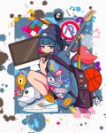  1girl backpack badge bag ball baseball_bat baseball_cap basketball_(object) beanie blue_background blue_eyes blue_hair blue_headwear blue_shirt border button_badge closed_mouth computer dice electric_guitar from_side full_body guitar hat highres holding_strap imac instrument jitome light_blush light_smile looking_at_viewer looking_to_the_side multicolored_hair nao97122 nike original outside_border paint_splatter patch paw_print pink_hair revision ringed_eyes road_sign rubik&#039;s_cube shirt shoes sign sleeves_past_elbows sneakers socks solo squatting sticker streaked_hair streetwear triple_vertical_stripe white_border white_footwear wide_sleeves yellow_socks 