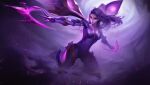 1girl absurdres artist_name bodysuit breasts cleavage clenched_hand collarbone detached_wings highres kai&#039;sa league_of_legends long_hair long_sleeves looking_at_viewer lu_ka magic medium_breasts outstretched_arms purple_bodysuit purple_hair shiny_skin solo wings 