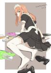  1girl absurdres apron black_dress black_footwear border breasts cup dress drinking_glass drinking_straw fallen_down feet food foreshortening frilled_apron frilled_dress frills from_behind full_body high_heels highres ice_cream knees_together_feet_apart legs looking_back maid maid_apron maid_headdress mbr90munouk medium_breasts no_shoes on_ground orange_hair original pleated_dress puffy_short_sleeves puffy_sleeves short_sleeves sidelocks signature soles solo spill strappy_heels tan_background thighhighs thighs toes tray twitter_username wardrobe_malfunction white_border white_thighhighs 