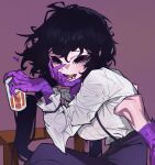  1girl bibian_(player) bikini black_eyes black_hair breasts cup extra_arms highres holding holding_cup large_breasts looking_at_viewer makeup messy_hair monster_girl open_mouth player_(webtoon) purple_hands sharp_teeth shirt sitting solo suspenders swimsuit teeth tongue waa153 