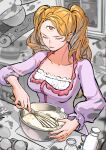  1girl absurdres breasts charlotte_pudding closed_eyes cooking dress highres long_hair medium_breasts monochrome_background mygiorni one_piece orange_hair purple_dress salt salt_shaker solo third_eye twintails whisk whisking 