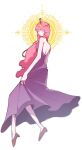  1girl adventure_time backless_dress backless_outfit blunt_bangs closed_eyes dress high_heels highres long_hair no_mouth no_nose pink_hair princess_bonnibel_bubblegum purple_dress purple_footwear shoes simple_background solo tiara very_long_hair white_background yum3yum1 