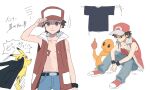  1boy belt belt_buckle black_belt black_shirt brown_eyes brown_hair buckle buttons charmander closed_mouth commentary_request grey_pants hand_on_headwear hat male_focus open_clothes open_vest pants pikachu pokemon pokemon_(creature) pokemon_(game) pokemon_rgby red_(pokemon) red_footwear red_headwear red_vest s90jiiqo2xf0fk5 shirt shoes short_hair sitting smile unworn_shirt vest 