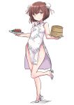  1girl bamboo_steamer breasts brown_eyes brown_hair bun_cover china_dress chinese_clothes double_bun dress food fuji_(pixiv24804665) full_body hair_bun high_heels highres kantai_collection leaf_print meat plate rudder_footwear short_hair side_slit simple_background small_breasts solo standing standing_on_one_leg tan_yang_(kancolle) white_background white_dress yukikaze_(kancolle) 