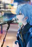  1girl blue_eyes blue_hair blue_jacket blurry blurry_background commentary earrings from_side funi_mu9 hair_between_eyes highres holding holding_microphone_stand hololive hoshimachi_suisei jacket jewelry long_hair looking_ahead lyrics microphone microphone_stand music open_mouth outdoors profile singing solo stud_earrings upper_body virtual_youtuber 