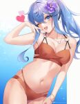  1girl bare_arms bare_legs bare_shoulders bikini blue_eyes blue_hair blush breasts brown_bikini cleavage collarbone cowboy_shot flower gotland_(kancolle) hair_between_eyes hair_flower hair_ornament heart highres kantai_collection kozu_(bloomme1_me) large_breasts long_hair mole mole_under_eye navel one_eye_closed open_mouth purple_flower smile solo swimsuit twitter_username 