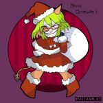  1girl ;) black_gloves boots christmas demon_girl demon_tail dress funamusea fur-trimmed_dress fur-trimmed_headwear fur_trim glasses gloves green_hair haiiro_teien hat horns merry_christmas one_eye_closed otogiccochan red_eyes red_headwear sack santa_boots santa_costume santa_dress santa_hat semi-rimless_eyewear short_hair smile solo sweater tail wings yosafire_(haiiro_teien) 