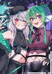  2girls absurdres black_headwear black_pants blue_nails colored_inner_hair crop_top finana_ryugu fish_girl green_hair grin hair_ornament hairclip hand_on_hip head_fins highres jacket kaco0001 long_hair multicolored_hair multiple_girls nijisanji nijisanji_en one_eye_closed open_clothes open_jacket pants pointy_ears pomu_rainpuff ponytail purple_eyes purple_hair red_eyes smile v virtual_youtuber white_hair x_hair_ornament 