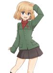  1girl absurdres arm_up black_skirt black_socks blonde_hair blue_eyes bob_cut commentary fang girls_und_panzer green_jacket highres jacket katyusha_(girls_und_panzer) long_sleeves looking_at_viewer miniskirt open_mouth pleated_skirt pravda_school_uniform red_shirt rico_(rico-tei) school_uniform shirt short_hair simple_background skirt smile socks solo standing turtleneck white_background 