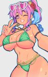  1girl bikini breasts earrings hozuki_kaede jewelry large_breasts one_eye_closed onii-chan_wa_oshimai! pink_hair shiny_skin slammo smile solo sunglasses swimsuit teeth v 