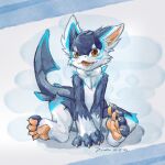  anthro barefoot blue_body chest_tuft feet fingers fish fishy_fizz fur looking_at_viewer male marine nude open_mouth orange_eyes pawpads paws shark simple_background sitting smile solo tail toes tuft 