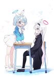  2girls a.r.o.n.a_(blue_archive) arm_support arona_(blue_archive) black_coat black_eyes black_footwear black_pantyhose black_shirt black_skirt blue_archive blue_eyes blue_hair blue_shirt bow braid chair coat desk full_body hair_bow hair_over_one_eye hairband halo highres leaning_forward legs long_hair multiple_girls open_mouth pantyhose ribbon school_uniform serafuku shirt shoes short_hair sitting skirt smile standing thighs tibaridooor very_long_hair water white_footwear white_hair white_skirt 