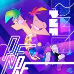  artist_name blue_shorts brothers character_name copyright_name ferb_fletcher full_body green_eyes green_hair otoe_(milkyboy_inc.) overalls phineas_and_ferb phineas_flynn purple_eyes purple_overalls red_hair shirt shorts siblings sitting striped striped_shirt twins 