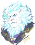  1boy animal_ears bara closed_mouth furry furry_male fuyodo green_eyes highres lion_boy lion_ears looking_at_viewer male_focus monocle portrait signature simple_background snow_(housamo) solo thick_eyebrows tokyo_afterschool_summoners whiskers white_background white_fur 