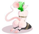  5_toes absurd_res bdsm bondage bound camel_toe eyeshadow feet female green_hair hair hi_res humanoid_feet looking_at_viewer looking_back looking_back_at_viewer makeup mammal mouse murid murine plantigrade rodent sashimi1300 solo stirrup_stockings tape toes 