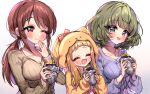  3girls :d ;t ^_^ adachi_(nogami_nono) animal_hood blunt_bangs blush bob_cut breasts cardigan cleavage closed_eyes collarbone commission foil food food_on_face highres holding holding_food hood hooded_jacket ichihara_nina idolmaster idolmaster_cinderella_girls jacket long_sleeves looking_at_another medium_breasts mifune_miyu multiple_girls ponytail ribbed_cardigan ribbed_shirt second-party_source shirt sidelocks simple_background smile sweet_potato takagaki_kaede upper_body white_background 