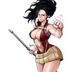  1girl artist_name black_eyes black_hair boku_no_hero_academia breasts clenched_hand commentary_request cowboy_shot dress highres holding large_breasts long_hair narrow_waist navel plunging_neckline ponytail short_dress signature solo spanish_commentary v-shaped_eyebrows victorbalgitt yaoyorozu_momo 