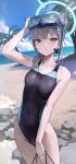  1girl absurdres beach black_one-piece_swimsuit blue_archive blue_eyes blue_halo blue_sky breasts bright_pupils closed_mouth cloud commentary competition_swimsuit covered_navel day goggles goggles_on_head grey_hair halo highres logknn looking_at_viewer medium_breasts mismatched_pupils ocean official_alternate_costume one-piece_swimsuit outdoors palm_tree shiroko_(blue_archive) shiroko_(swimsuit)_(blue_archive) sky snorkel solo standing swimsuit thighs tree wet white_pupils 