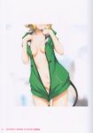  1girl absurdres akatsuki_kirika black_tail blonde_hair blush breasts comiket_102 english_text fujikawa_daichi green_jacket highres jacket looking_at_viewer medium_breasts navel senki_zesshou_symphogear short_hair solo standing tail 