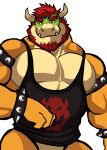  2023 absurd_res anthro armband barazoku beard biceps big_muscles bottomless bottomless_anthro bottomless_male bowser bowser_day bracelet clothed clothing darknaigart eyebrows facial_hair hair hi_res horn huge_muscles jewelry koopa logo looking_at_viewer male mario_bros muscular muscular_anthro muscular_male nintendo pecs scalie shirt simple_background smile solo spiked_armband spiked_bracelet spikes standing tank_top teeth topwear white_background 