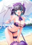  1girl :d animal_ears aqua_eyes aqua_hair azur_lane bare_arms bare_legs bare_shoulders beach between_breasts bikini black-framed_eyewear black_hair blue_sky blush breasts bridal_garter cat_ears cheshire_(azur_lane) cheshire_(summery_date!)_(azur_lane) choker cleavage commentary_request cowboy_shot cross-laced_clothes cross-laced_top dangle_earrings day earrings fake_animal_ears fang flower frilled_bikini frilled_bikini_top frilled_garter frills hair_flower hair_ornament hair_ribbon headband highres holding holding_eyewear innertube jewelry large_breasts leaning looking_at_viewer medium_hair multicolored_hair navel ocean official_alternate_costume open_mouth outdoors purple_bikini purple_choker purple_garter purple_ribbon ribbon sidelocks silveroid skin_fang skindentation sky smile solo sparkle standing strapless streaked_hair sunglasses swimsuit thighs two-tone_hair umbrella wrist_ribbon 