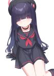 1girl absurdres beret black_hair black_headwear blue_archive blush eyes_visible_through_hair hair_over_eyes halo hat highres justice_task_force_member_(blue_archive) klaius long_hair looking_at_viewer red_eyes red_halo simple_background solo white_background 