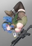  1girl absurdres ahoge ankle_boots arched_back ass bdsm black_thighhighs blue_eyes blue_hair blush bondage boots bound bound_arms bound_legs breasts breasts_out brown_footwear brown_shorts ear_protection embarrassed frown full_body green_shirt grey_background gun hair_ornament hairclip highres id_card k0ng large_breasts long_hair looking_to_the_side lying nipples on_side original parted_lips ponytail restrained shirt short_shorts shorts simple_background solo tape thighhighs torn_clothes torn_shirt weapon weapon_request 