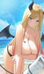  1girl aqua_eyes arm_support arm_tattoo beach bikini bikini_bottom_only black_bikini black_horns blonde_hair blue_sky blush breast_hold breast_tattoo breasts cloud commentary_request demon_girl demon_horns demon_tail demon_wings gradient_hair haro_art holding holding_with_tail hololive horizon horns kneeling large_breasts long_hair looking_at_viewer lotion multicolored_hair pink_hair prehensile_tail sand sidelocks sky smile solo sunlight sunscreen swimsuit tail tail_wrap tattoo virtual_youtuber water_drop winged_heart wings yuzuki_choco 