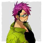 1boy bara beard black_hair blush chest_hair_peek earrings facial_hair from_side glasses green-framed_eyewear jacket jewelry kiri_futoshi long_sideburns looking_at_viewer male_focus multicolored_hair multiple_earrings mustache_stubble open_clothes open_jacket original pink_hair puckered_lips short_hair sideburns sidecut sideways_glance solo thick_eyebrows two-tone_hair unzipped upper_body v-shaped_eyebrows 