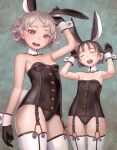  2girls :d animal_ears arm_up armpits arms_up bare_shoulders black_leotard bunny_day buttons contrapposto detached_collar garter_straps leotard looking_at_viewer multiple_girls murata_range open_mouth original playboy_bunny purple_eyes rabbit_ears rabbit_pose rabbit_tail smile strapless strapless_leotard tail thighhighs white_hair wrist_cuffs 