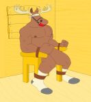  ankles_tied anthro antlers ball_gag bdsm blindfold blindfold_only bondage bound brown_body capreoline clothing deer fist floor footwear gag hi_res horn male mammal moose muscular muscular_anthro muscular_male nipples nude snout socks solo veldismalo wood wood_boards wood_floor wrists_tied yellow_wall 