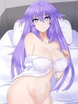  1girl bare_shoulders blue_eyes blush bottomless braid breasts collarbone highres large_breasts light_smile long_hair looking_at_viewer navel neptune_(series) on_bed paid_reward_available pillow power_symbol purple_hair purple_heart_(neptunia) solo symbol-shaped_pupils twin_braids zatsu 