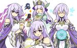  aura bare_shoulders breasts cape chibi circlet corruption cup dark_aura dark_persona fire_emblem fire_emblem:_genealogy_of_the_holy_war fire_emblem_heroes flower food holding holding_cup holding_flower holding_food ice_cream jewelry julia_(crusader_of_light)_(fire_emblem) julia_(fire_emblem) julia_(heart_usurped)_(fire_emblem) julia_(scion)_(fire_emblem) long_hair long_sleeves looking_at_viewer multiple_girls open_mouth purple_cape purple_eyes purple_hair red_eyes ring seliph_(fire_emblem) simple_background smile teacup wide_sleeves yukia_(firstaid0) 