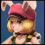  1girl animal_ears ari_rayoko backpack bag bare_shoulders blonde_hair blue_background blue_eyes carrot_(one_piece) choker closed_mouth commentary ears_through_headwear hat looking_at_viewer one_piece pink_headwear rabbit_ears rabbit_girl short_hair simple_background smile solo 