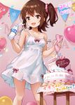  1girl artist_request bare_shoulders birthday birthday_cake bottle bow brown_hair cake commentary_request confetti dress dress_bow food hair_ornament highres idolmaster idolmaster_million_live! idolmaster_million_live!_theater_days kasuga_mirai looking_at_viewer medium_hair milk_bottle one_side_up open_mouth short_dress sleeveless sleeveless_dress solo spaghetti_strap sundress white_dress yellow_eyes 