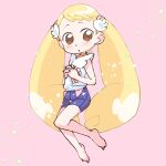  1girl barefoot blonde_hair blue_shorts blush brown_eyes commentary_request floral_print full_body highres long_hair looking_at_viewer makihatayama_hana ojamajo_doremi pink_background rapisu shirt shorts solo twintails very_long_hair white_shirt wing_hair_ornament 