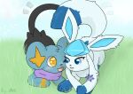  ambiguous_gender anfeng blue_eyes blush duo eeveelution feral fluffy fluffy_tail generation_4_pokemon glaceon grass ice_star_(glaceon) jayfeather233 lying nintendo on_front plant pokemon pokemon_(species) shinx simple_background sky tail yellow_eyes 
