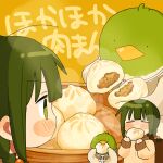  1girl baozi bird blush_stickers braid closed_eyes duck eating food fuu_(ozu_(oz_yarimasu)) green_hair guu_(ozu_(oz_yarimasu)) highres holding holding_food long_sleeves original ozu_(oz_yarimasu) shirt short_hair translation_request yellow_shirt 